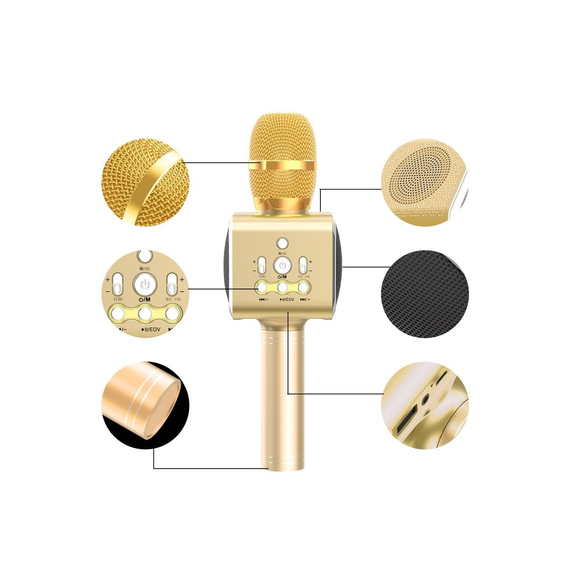 Kogan Bluetooth Karaoke Microphone with Built-in Speaker and LED (Gold)