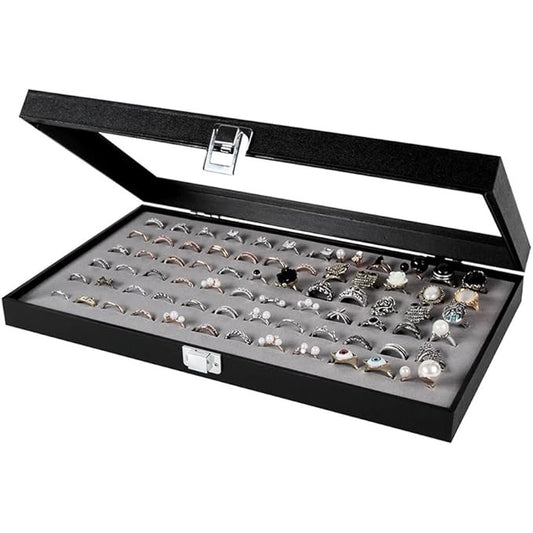 Glass Top Black Ring Display Case 72 Slot