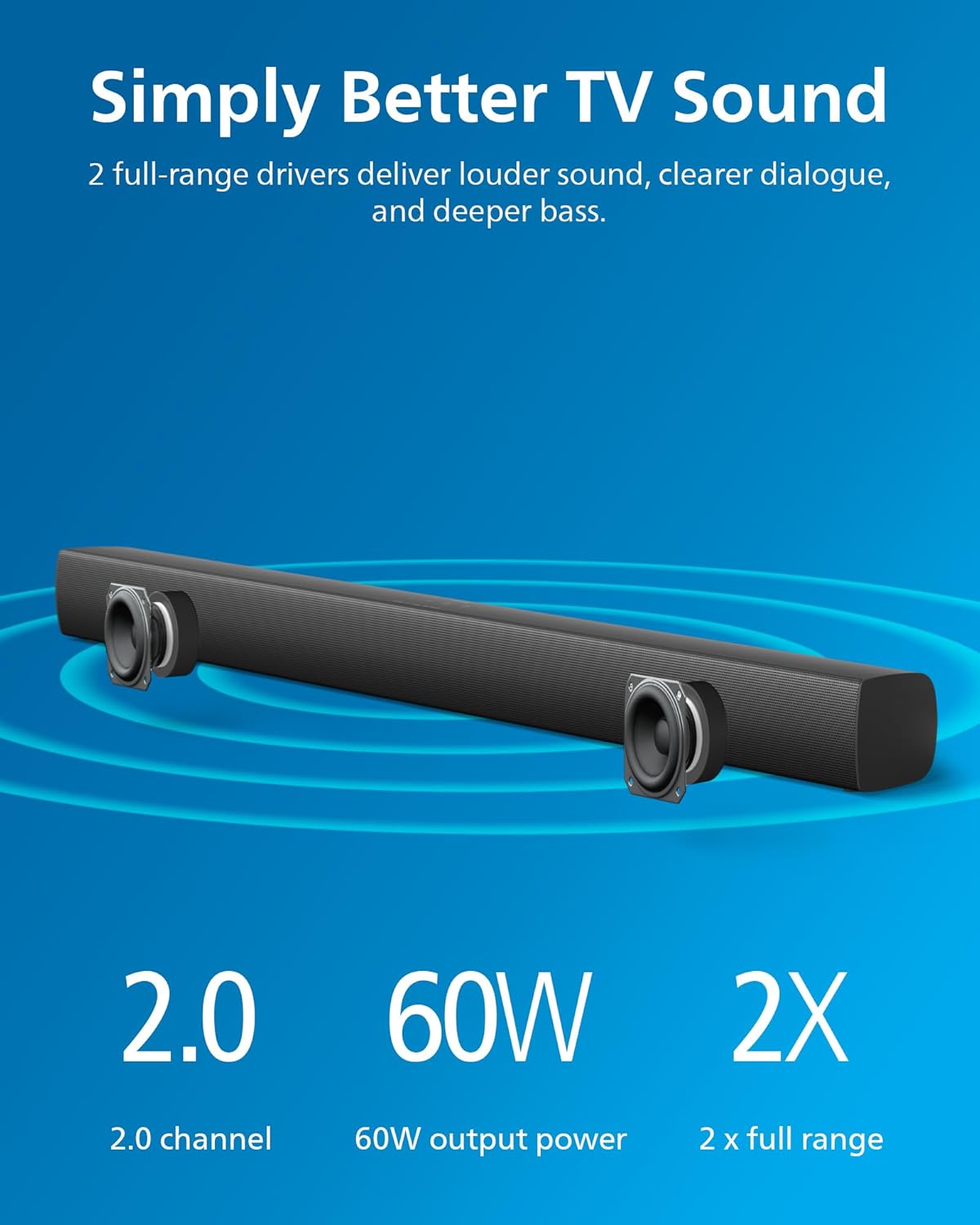 Philips 60W 2.0 Sound Bar w/ Bluetooth HDMI ARC - Wall Mountable TAB4208/98